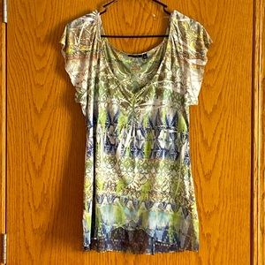 Apt 9 Blue & Green V-Neck Sheer Hem Blouse